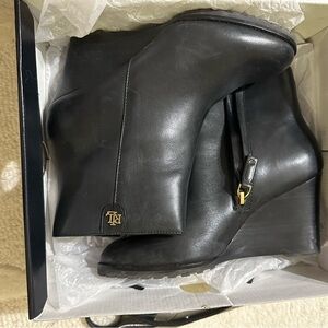 Ralph Lauren Black Heeled Ankle Boots with Gold Detail